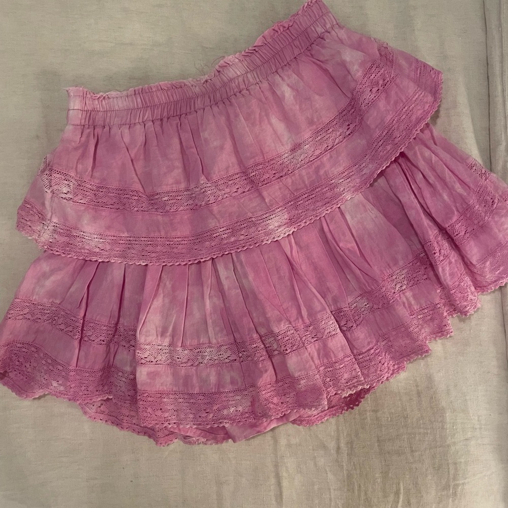 LoveShackFancy ruffle mini skirt in pink tie dye